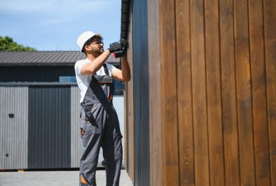 Skilled construction worker using power tool to install wooden panels on prefabricated building, ensuring precise and secure attachment